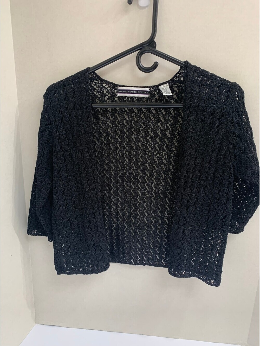 Amanda Smith Petites Black Crochet Knit Open Front Cardigan Size PS NWOT